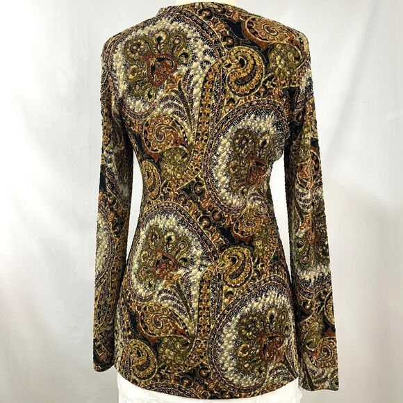 90s MONTEREY BAY Black Gold Paisley V Neck Long Sleeve Top Womens M READ Whimsy - Picture 5 of 5